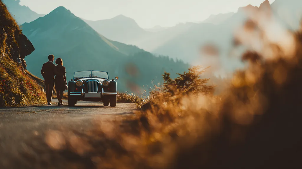 Paar neben einem klassischen Roadster auf einer Alpenstraße